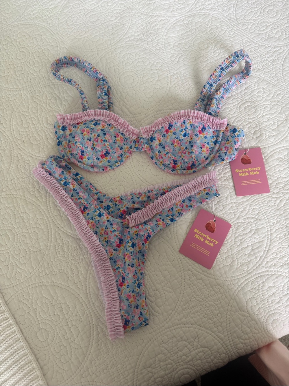 Strawberry Milk Mob Pastel Floral Ruffle Bikini Set